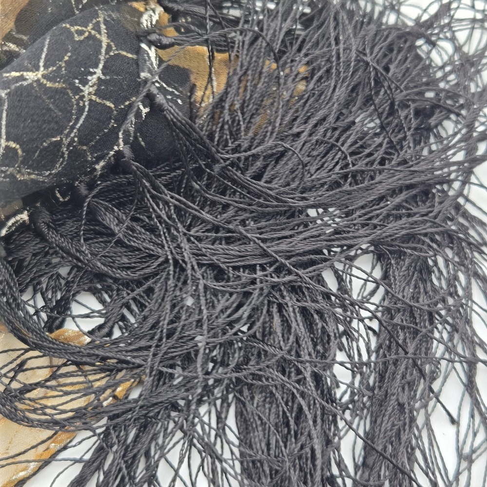 Sheer Silk Metallic Scarf 30x49 Black Gold Abstract Crackle Fringe Evening Wrap - Picture 5 of 11